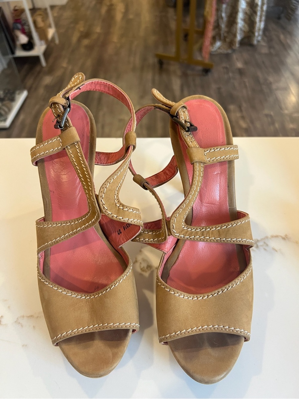 Boden Tan Suede Strappy Heels with Pink Insole